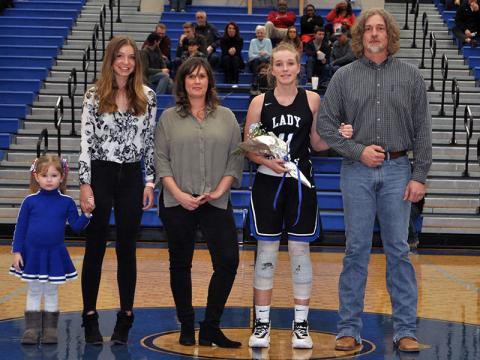 Lady Rebel Saidee Collins was one of eight seniors recognized at Fannin County’s home basketball game against Greater Atlanta Christian Friday, January 31. Shown are, from left, Sydney Collins, sister; Savada Collins, sister; Kelly Collins, mother; senior Saidee Collins and Kevin Collins, father.
