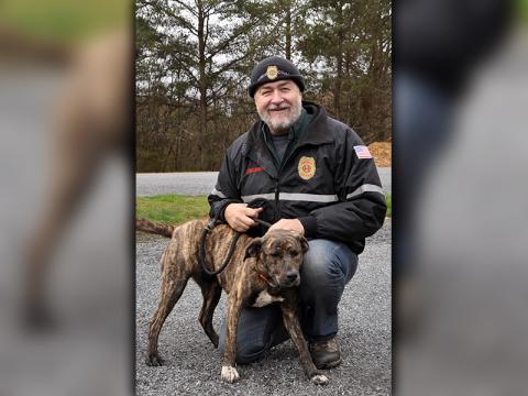 Fannin County Animal Control Manager John Drullinger kneels with this female Plott Hound mix. She was picked up on Sugar Creek Road in Blue Ridge Thursday, February 27 and will be staying at Animal Control until reclaimed or adopted. This sweet girl has a brindle coat with dark cocoa bean eyes. View her under Animal Control number 090-2020.