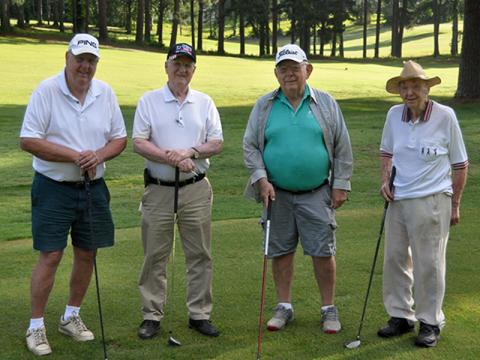 Local historian and centenarian Dale Dyer played nine holes of golf at the Copper Basin Golf Club Thursday, June 11. Shown in his foursome, from left, Ron Hartness, Bill Huff, Dr. Howard Tilley and Dyer. Hartness says this historic, annual outing will continue as long as the golfers are able.