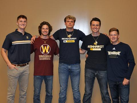 RIGHT: The Fannin County High School baseball team recently held an event for the five seniors on the team. Each senior has signed a scholarship to play baseball at the collegiate level. Shown are, from left, Naval Academy signee Matthew Shirah, Winthrop University signee Carson Beavers, Reinhardt University signees Blake Rogers and Gabe Buchanan, and Montreat College signee Jerritt Holloway.