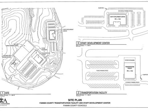 Architecural renderings for a new Fannin County School System transportation facility and staff development center were presented to the Fannin County Board of Education Thursday, July 23. Shown is a rendering of how the two facilities would lay on the 35.75 acre property off of Highway 76 near the Blue Ridge Dam.