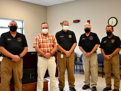 Fannin County EMA will receive $96,285.39 through an Assistance to Firefighters Grant for COVID-19 response from the federal government. The following people, from left, were instrumental in receiving the grant: EMA Director Robert Graham, Volunteer Bill Brown, 911 Director and EMA Deputy Director Patrick Cooke, EMA Deputy Director Darrell Payne and Fire Chief Larry Thomas.