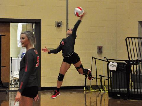 Lady Cougar Sydney Hickey serves the ball in recent action for the Copper Basin Lady Cougars volleyball team.