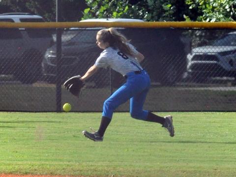 Lady Rebel Jaylen Green fields a ball in recent action for the Lady Rebels softball team.