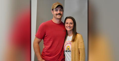 Justin and Samantha Petty are shown waiting in line to early vote at the Fannin County Courthouse Monday, October 19.