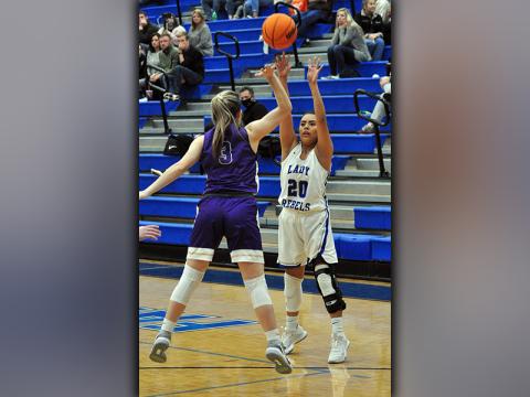 Lady Rebel Prisila Bautista shoots a three-point basket during the Lady Rebels 58-47 win over Union County Saturday, December 12.