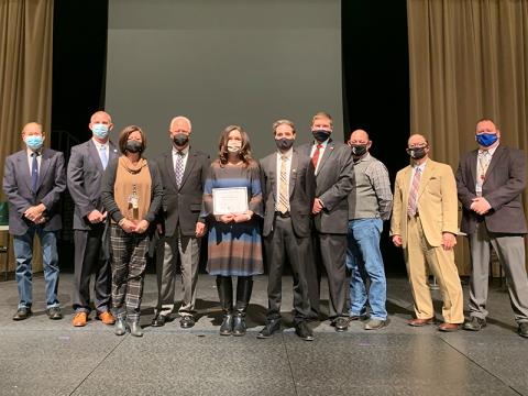 The Fannin County Board of Education recognized West Fannin Elementary School STEM teacher Kim Patterson as a Georgia Youth Science & Technology Centers 2021 Georgia STEM Scholar Award recipient Thursday, January 14. Shown are, from left, board members Lewis DeWeese, board Chair Chad Galloway, Principal Alison Danner, board Vice-Chair Terry Bramlett, Patterson, Director of Applied & Integrated Instruction and CTAE Director & STEM/STEAM Coordinator Lucas Roof, Superintendent Dr. Michael Gwatney, board member