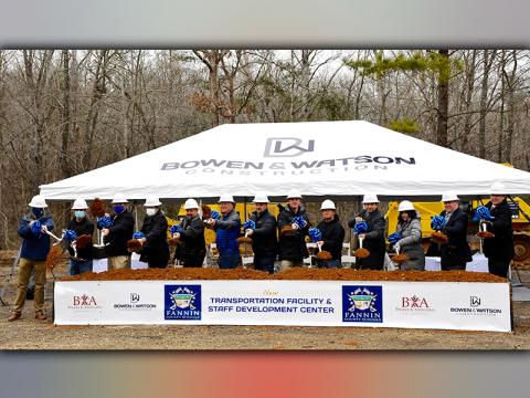 Members of the Fannin County Board of Education and Fannin County School System leadership broke ground on two new facilities, a Transportation Facility and Staff Development Center, Thursday, February 4. Shown are, from left, Bowen & Watson Construction President Drew Watson, Mike Spurlin, Transportation Director Denver Foster, board members Lewis DeWeese and Mike Cole, board Vice-Chair Terry Bramlett, Assistant Superintendent of Facilities and Operations Darren Danner, board Chair Chad Galloway, board mem