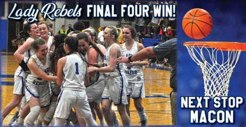 The Lady Rebels joined in celebration Saturday night following their 43-41 win over the Butler Lady Bulldogs. The victory advances Fannin County to the state championship game Thursday, March 11 in Macon.