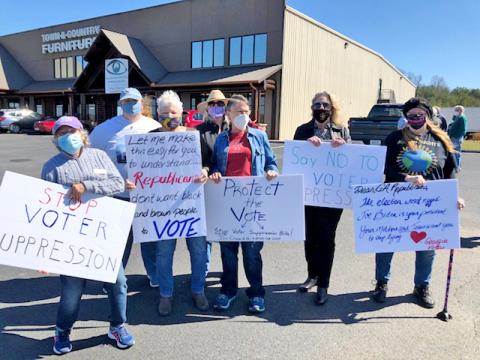 A group of concerned voters claiming to be from Fannin, Gilmer, Pickens and Rabun counties traveled to Georgia Speaker of the House David Ralston’s law office in Blue Ridge Thursday, March 4, to protest voter suppression, House Bill 531 and Senate Bill 241. Ralston was not at the office, but instead in legislative session at the state capitol in Atlanta.
