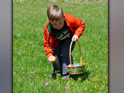 West Fannin Elementary School Pre-K student Gunnar Westphal picks up an Easter egg during the hunt orchestrated by the Fannin County High School Key Club.