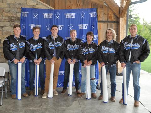 The Fannin County Rebel baseball team honored their seven seniors with a dugout jacket during the end-of-season awards banquet Monday, May 17. Seniors shown are, from left, Bradley Holloway, Jacob Preising, Brady Martin, Tyler Fox, Caleb Postell, Wyatt Rogers and Logan Hughes.