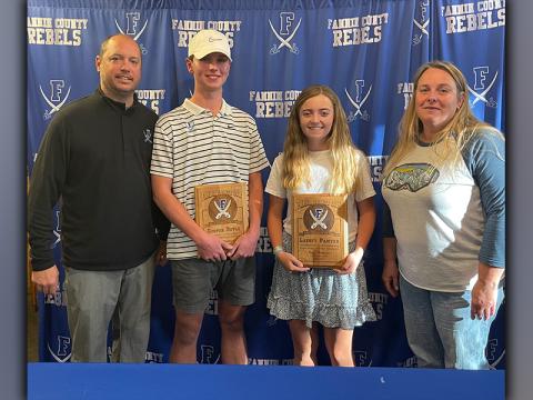 The Fannin Rebel and Lady Rebel golf teams recently held their end-of-season banquet at Circle J Steakhouse in Blue Ridge. The Rebel and Lady Rebel Golfer’s of the Year Award went to Cooper Boyle and Lainey Panter. Shown following the ceremony are, from left, Head Coach Bryan Richerson, Boyle, Panter and Assistant Coach Janet Wooten.
