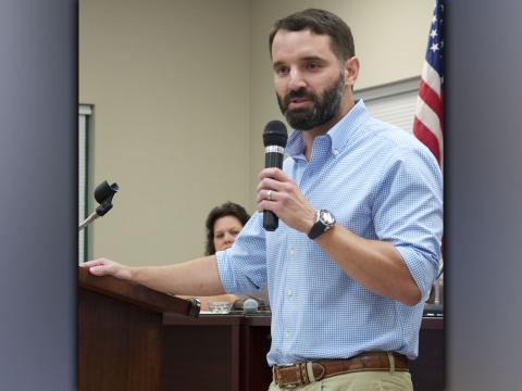 Latham Saddler speaks to those in attendance at the Fannin County Republican Party meeting Monday, August 16.