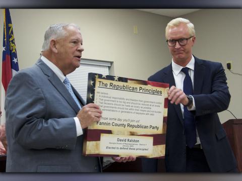David Ralston, District 7 representative and Speaker of the Georgia House of Representatives, was recognized for his contributions to the Republican party with a plaque from the Fannin County Republican Party during their meeting Monday, August 16. Presenting the plaque is Fannin County GOP Chairman Frank Wood, right.
