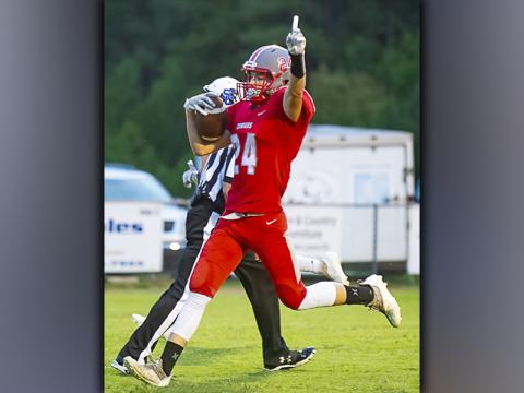 Cadan Williams hauls in a catch for a big gain in recent action for the Copper Basin Cougar football team.