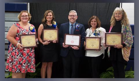 The Fannin County School System held their annual Teacher of the Year Banquet Tuesday, September 14. Teachers of the Year are shown, from left, Sabrina Howard, Fannin County High School; Brittany Newton, Fannin County Middle School; district-wide winner Chris Parker, Blue Ridge Elementary School; Christie Holtman, East Fannin Elementary School; and, district-wide runner up Karen Goode, West Fannin Elementary School.