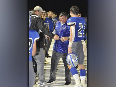 Fannin County High School football head coach Chad Cheatham grins as he received a gatorade bath after the Rebels defeated Chattooga 42-7 to lead Region 7AA. A win Friday, October 29, against Coosa will clinch the Region Championship for the Rebels.