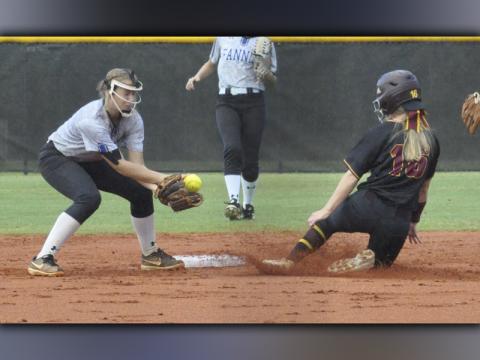Lady Rebel Callie Ensley gets a runner out in recent action for the Fannin County Lady Rebels softball team.