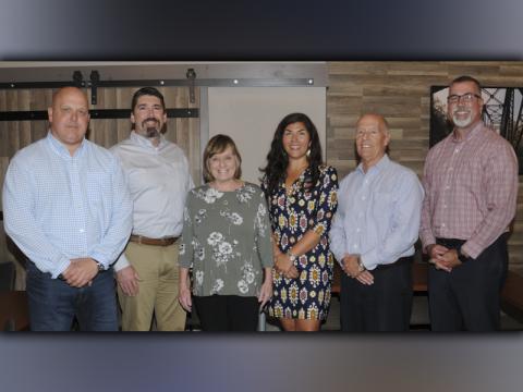 Christie Gribble will become the new president of the Fannin County Chamber of Commerce January 1, 2022. The announcement came in conjunction with Jan Hackett’s retirement announcement at the chamber board of directors meeting Wednesday, October 20. Shown at the meeting are chamber board officers, from left, past Chairman Brandon Holloway, Vice Chairman Jason Jones, Hackett, Gribble, Treasurer Rene Bidez, and Chairman Richard York.