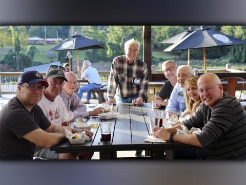 The Fannin County Chamber of Commerce held Business After Hours Tuesday, October 20, at Grumpy Old Men Brewing, located at 1315 East Main Street, Blue Ridge.  Shown enjoying the evening are, from left, Paul Kupfer and Mark Belongie with Freedom for Fido, Blue Ridge Mountain Trout Unlimited Chapter President John Jenkins, John Foley with Egg and Feather Insurance, Mark McGuire with Vertigo Pinpall, Greg Spencer with Toccoa House Properties and Freedom for Fido founders Jackie and Fritz Gilbert.