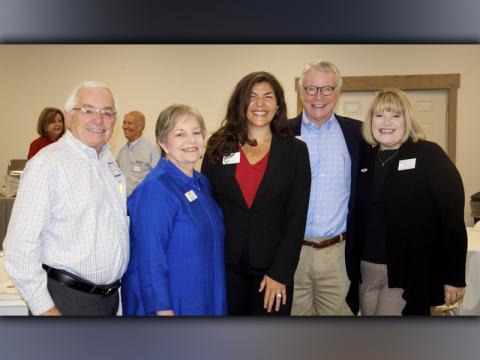Enjoying the Eggs & Issues Breakfast were, from left,  Georgia Mountains Health CEO Steven Miracle, Fannin County Family Connection Executive Director Sherry Morris, Fannin County Development Authority Executive Director Christie Gribble, family connection  board member Robert Gleadall, and UNG Blue Ridge Campus Executive Director Sandy Ott.
