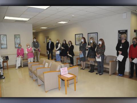 The Fannin Regional Hospital Auxiliary hosted its annual Love Light Tree ceremony Tuesday, December 7, at the hospital. Shown during the festivities are, from left, Barbara Cheatham, Shirley Copeland, Jason Jones, Pastor Chris Clark, Evelyn Hammond, Teresa Guinn, Jennifer Richbourg, Susan Aft, Bethany Jones, and Michelle Born.