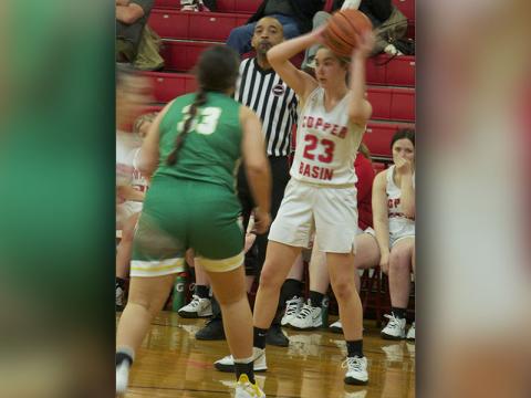 Zoe Green looks for an open teammate in action last week for Copper Basin’s Lady Cougars.