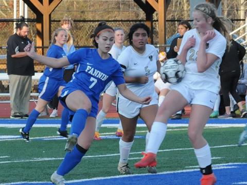Taylor Poland works against Pepperell for the Fannin County Lady Rebels in their soccer match last Thursday. Fannin won the match 4-0.