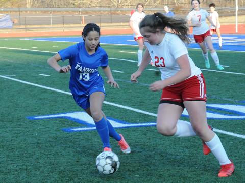 Lady Rebel Stephanie Kirk looks for a steal in recent action for the Fannin County High School women’s soccer team. 