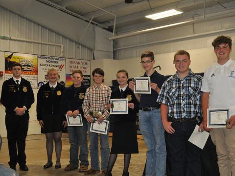 Award winners at the Fannin County Middle School FFA banquet included, from left, Jacob Williams, Samantha Adkins, Dakoda Moore, Mason Ramey, Sarah Brawley, James Burrell, Drew McDaris and Marcus Turner.