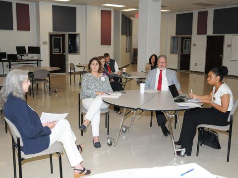 School nutrition representatives from seven North Georgia districts met with Andrea Wiggins, right, U.S. Senator Raphael Warnock’s outreach representative, to discuss problems with feeding children during the 2023 school year. From left are Martha Williams of Fannin County, Patricia Partin of Gilmer County, Julie Knight-Brown of Lumpkin County, Dr. Michael Gwatney of Fannin County, Sarah Rigdon of Fannin County and Scott Richardson of Dawson County. 