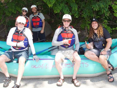 TVA Media Day participants had the option to choose whitewater rafting for their daily activity. Each participant had the opportunity to raft the upper and middle sections of the Ocoee River. Shown, from left, front row, are Tennessee Wesleyan University Representative Paul Willson, University of Tennessee Chattanooga Representative Chris Gilligan and Ocoee River Guide at Ocoee Water Sports Alex Storgion, back row, University of Tennessee Chattanooga Representatives Bridgett Hornsby and Bernardo Martinez.