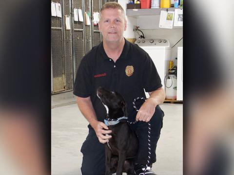 This cute pup is a female lab mix who was picked up on Highway 515 in Blue Ridge May 5. She is mostly black with a white patch on her chin and chest. View this cutie using intake number 135-22. She is shown with Animal Control Officer Luke McDonald.
