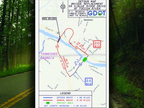 This Georgia Department of Transportation map, recently sent to Fannin County Commission Chairman Jamie Hensley, shows a detour route for the replacement of the William T. “Boss” Mull Memorial Bridge. The detour would use the bridge and McCaysville bypass, which still have to be constructed.