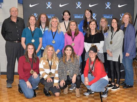 The 2003 to 2004 Fannin County High School Lady Rebels were named Friday night as inductees into Fannin County Sports Hall of Fame. Shown are, from left, front row, Katie Falls Seabolt, Kristin Chastain Kay, Bethany Patterson Kaylor and Natasha Anderson, and, back; Head Coach Johnny Farmer, Brittany Lindsey, Melissa Roberts, Aiden Acker Falls, Stephanie Scearce, Kristian Panter Cooper, Megan Queen Orton, Caitlyn Graham Snider, Jordan Henson Kaylor, Ashley Panter Curtis and Coach Suzianne Green Pass.