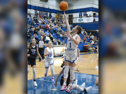Courtney Davis puts up two points for the Lady Rebels in recent basketball action. Davis led the Fannin squad with 19 points in the region win over Model.