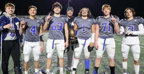 Fannin County High School hosted the FCA Border War football game between Team Georgia and Team Tennessee. Shown are, from left, Cade Sands, Bryson Holloway, Nate Maloof, FCA Director of North Central Georgia Matt Queen, Andrew Waldrep, Jeremy Tammen, Clay Heaton and not pictured Jack Kantner were the seniors selected from Fannin to play on Team Georgia which won the Border War game and took home the trophy. 