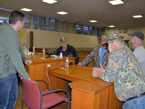 Polk County commissioners, from left, Keith Barker, Mush Davis, Greg Brooks, Shane Bowman and Joe Akins, met at the old Polk County Courthouse in Ducktown Tuesday, November 29. They decided to close the building to the public immediately because of numerous unsafe conditions and to begin efforts to replace the aging structure.