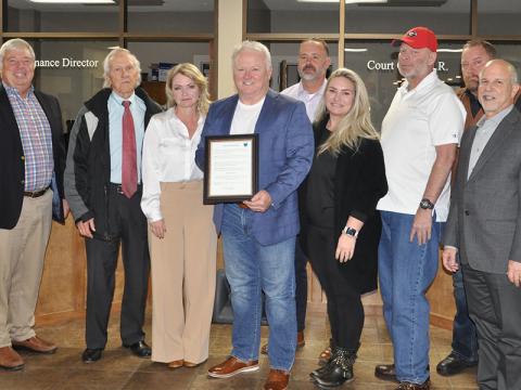 The City of Blue Ridge has awarded former Police Chief Johnny Scearce with an appreciation certificate and proclaimed Tuesday, December 13, 2022, Johnny J. Scearce Day. Pictured at the presentation are, from left, City Attorney Chuck Conerly, City Councilman William Whaley, Mayor of Blue Ridge Rhonda Haight, Former Police Chief Johnny Scearce, Police Chief Robby Stuart, City Councilwoman Christy Kay, City Councilman Bill Bivins, City Councilman Jack Taylor, and City Administrator Eric Soroka.