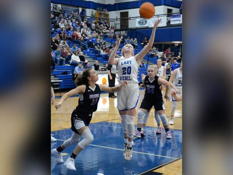 Lady Rebel Senior Ava Queen goes up on the left side of the paint to add a lay up in recent action for the Fannin County Lady Rebels. Queen scored seven points in the Lady Rebels region victory over North Murray High School last week.
