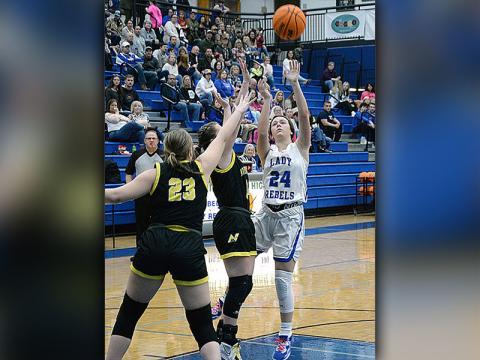 Lady Rebel Jayden Bailey shoots for two in Fannin County action. 