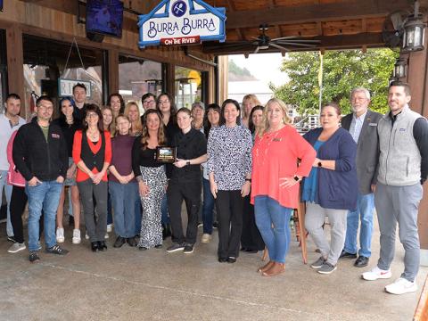 The Polk County Chamber of Commerce hosted a multi-plaque presentation welcoming four Copper Basin area businesses to the organization Thursday, February 16. Here, Burra Burra on the River representatives Katie Hawkins and Brittany Beavers show off the plaque presented by the Chamber. Also representing the restaurant are Annie Robinson, Connie Fussel, Jesse Hawkins, Kevin woodby, Taylor Medeiros, Carolyn Spivey, Penny George, Ashley Ward, Josh Green, Emily Schulze, and Hunter Reed. Representing the Chamber 