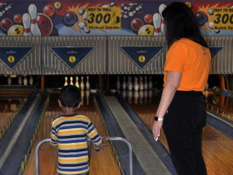 West Fannin Elementary student Raymond Evans is pictured lining up to bowl at last week’s Special Olympics event at Fannin Lanes.