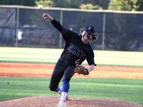 Rebel Bristol Hughes throws a pitch from the mound in recent Fannin County baseball action.