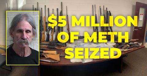 Pictured on left is Raymond Vandiver Akins. Law enforcement officers from multiple agencies seized almost 35 pounds of methamphetamine, 45 firearms, two pounds of marijuana, cash, and drug paraphernalia from a Fannin County residence last Wednesday. One suspect has been arrested and another charged in the case.