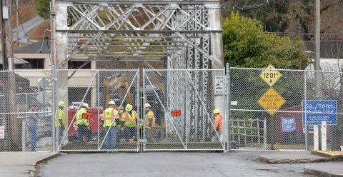 This is the scene drivers turning onto Bridge Street from Ocoee Street in Copperhill will see for the next several weeks as the steel bridge spanning the Toccoa River gets a new deck and sidewalks.