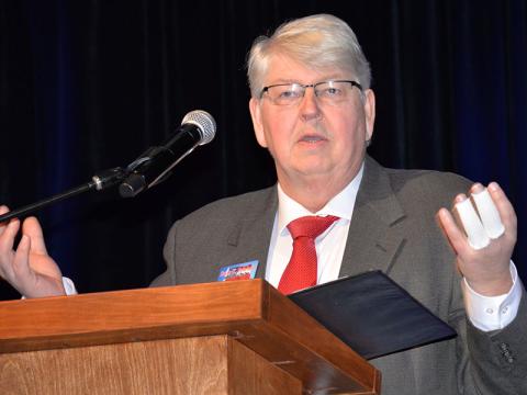 Brian Pritchard is shown speaking at the annual Fannin County Republican Party Valentine’s Day banquet February 3.