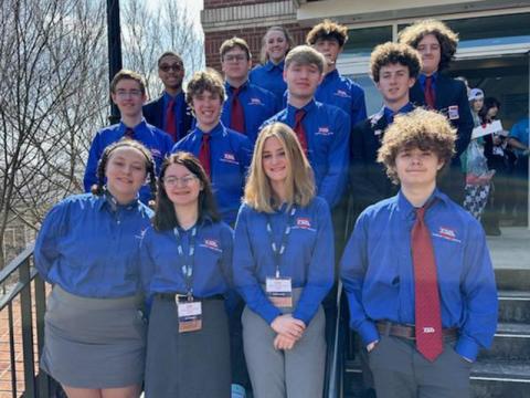 Fannin County High School students gather after a successful STEM competition in Athens, Georgia. Smiling after proudly receiving their awards, from left, front row, Fox Sharp, Emma Pittman, Alexis Howe, and Chevy Philllips; middle row, James Burrell, Castle Barnett, Blake Colley, and Connor Kyle; back row, Carnaceo Dixon, Warren Bowen, Caitlin O’Mara, Brevan Hennessey, and Seth Hughes. 