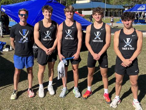 Shown at the McEachern Invitational are, from left, Coach Dr. Lucas Roof, Brodey Angel, Lawson Sullivan, Braxton Cheatham, and Zech Prater.